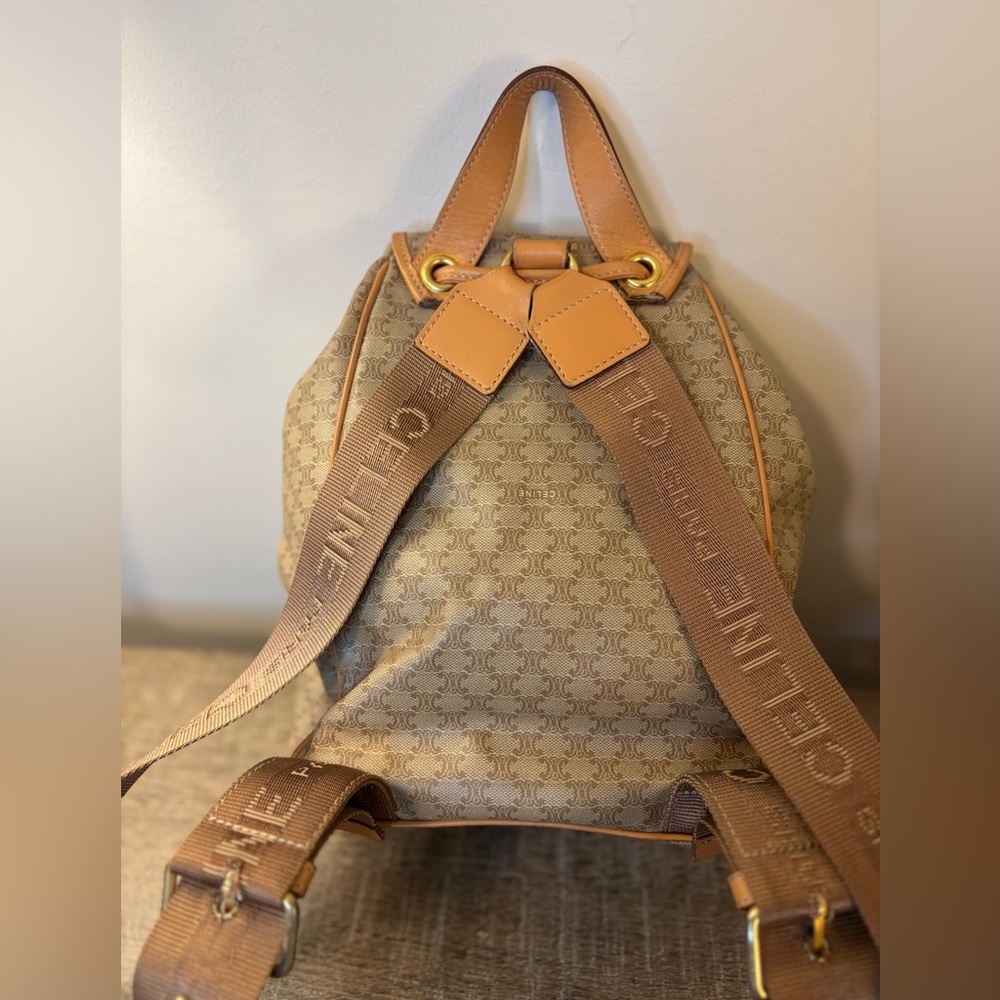 Celine Beige Monogram Canvas Drawstring Backpack with Tan Leather Trim - Picture 4 of 8